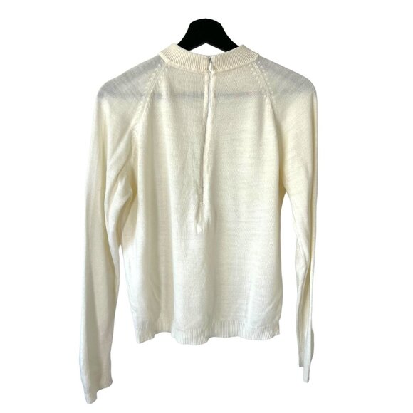 Vintage 60s Cream Knit High Neck Long Sleeve Top Medium - Picture 2 of 7